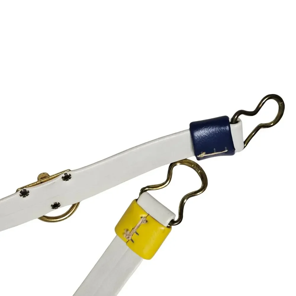 70s White Vinyl Cinching Belt Blue Yellow Accent Gold Side Ring Military Buckles